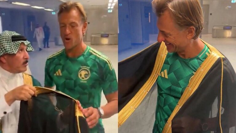 الفريان يهدي رينارد بشت ويساعده في ارتدائه احتفالًا بتأهل الأخضر للمونديال.. تغطية