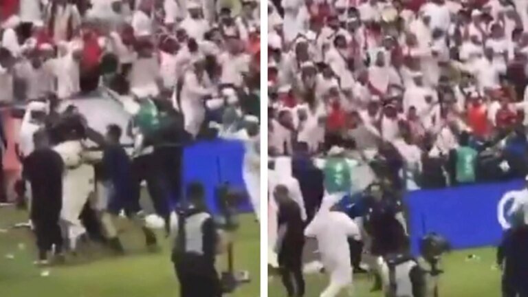 جماهير الإمارات تقتحم الملعب وتشتبك مع لاعبي قطر .. تغطية