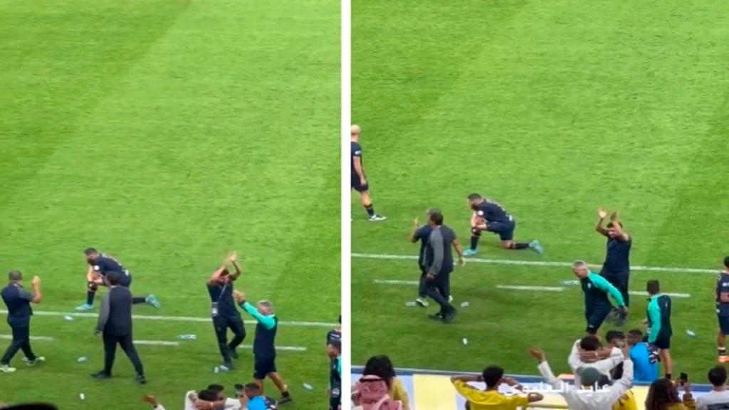 الجهاز الفني للفيحاء يصفقون للحكم بعد إحتسابه ركلة جزاء للنصر.. تغطية